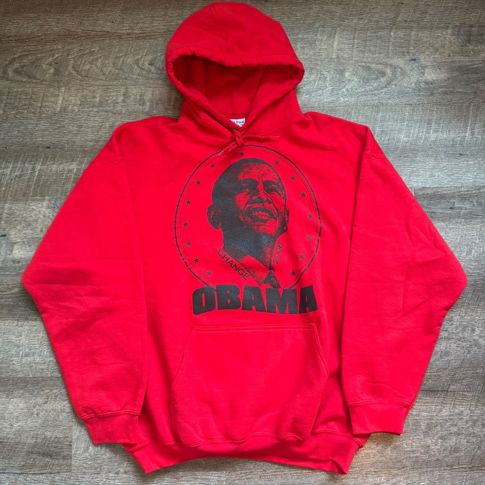 Barack Obama 2008 Vintage Campaign Graphic Pullover Hoodie Size XL Red Gildan
